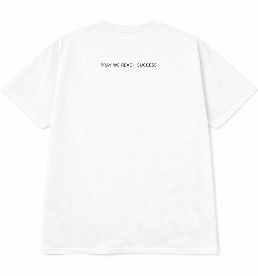 “White PWRS™ t-shirt back view with large ‘PRAY WE REACH SUCCESS’ text printed across the upper back