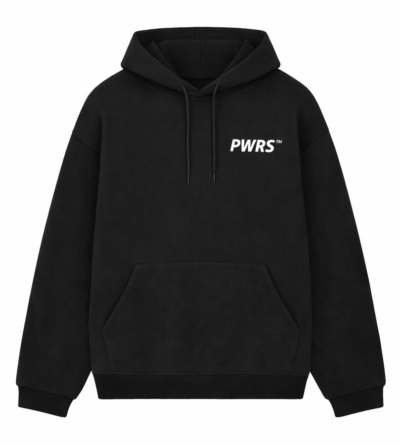 Front view of PWRS™ Core Hoodie in black featuring PWRS logo and Arabic text