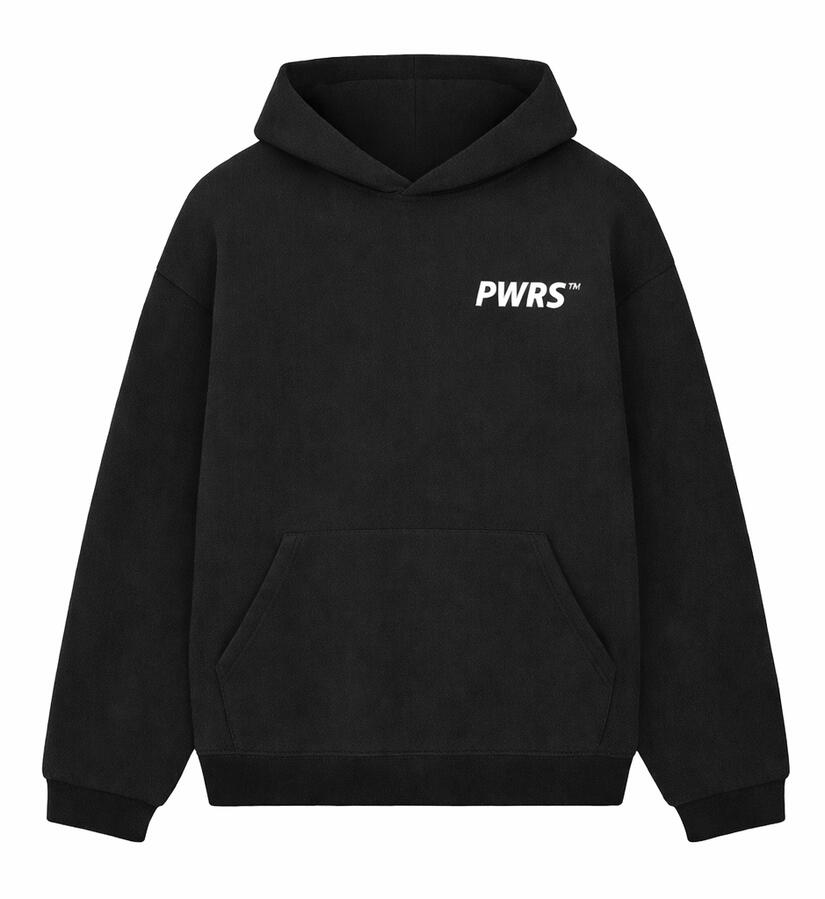 Front view of PWRS™ Core Hoodie in black featuring PWRS logo and Arabic text
